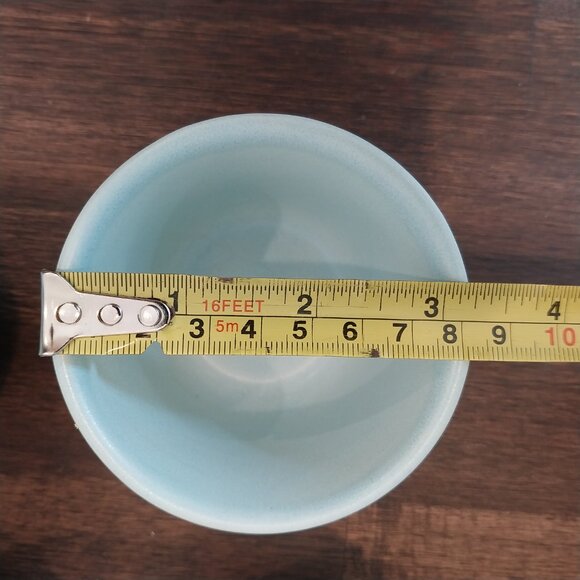 Vintage Teapot & 4 Cups Set Light Blue Rattan Handle By Pier 1 Imports Textured - Picture 9 of 11